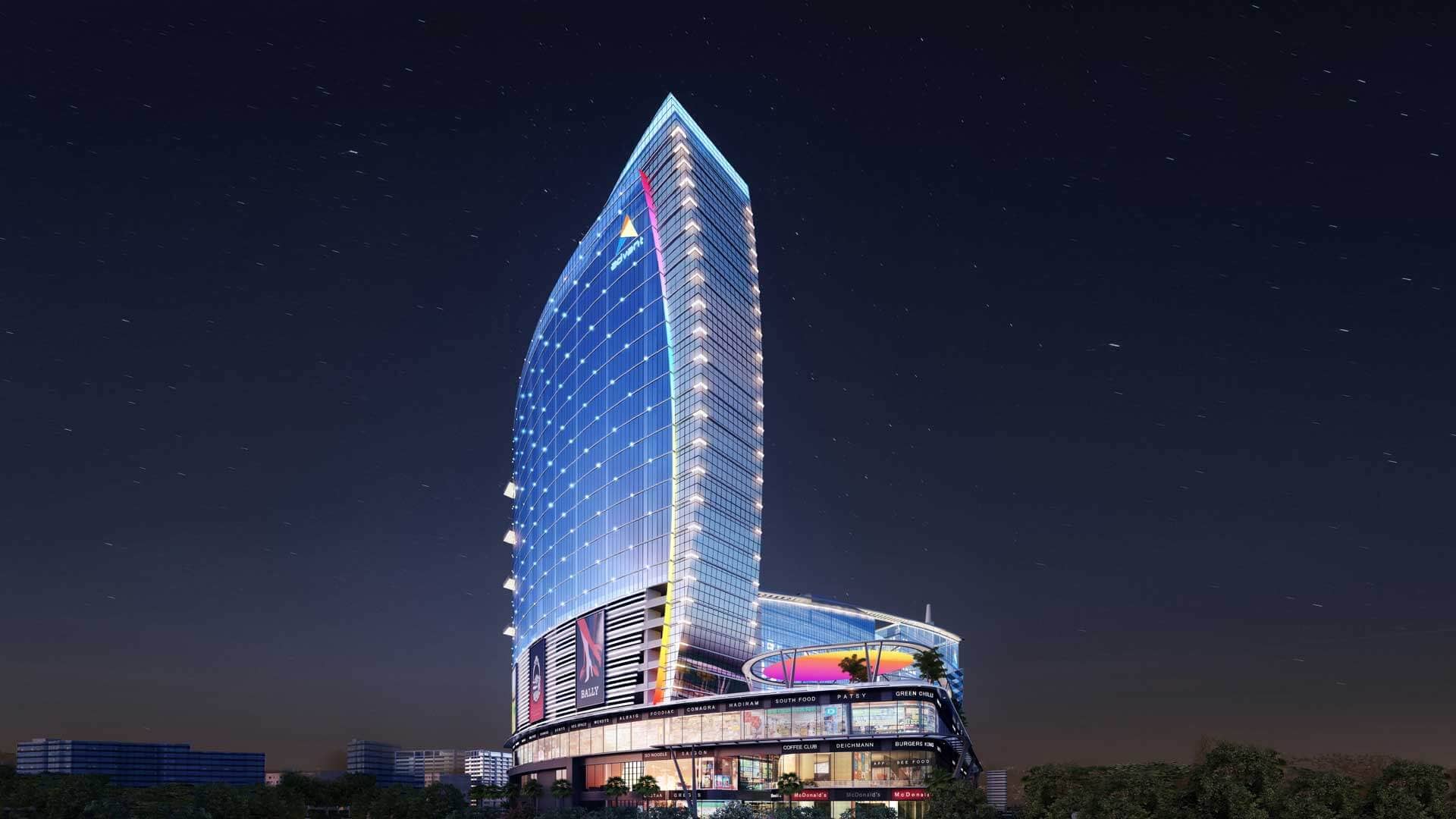 The Advant Navis tower illuminated at night